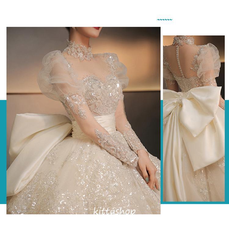 ウェディングドレス 袖あり 立ち襟 スパンコール キラキラ 素敵