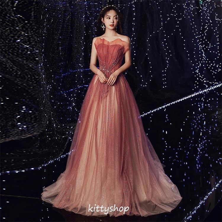 イブニングドレス ゲストドレス 結婚式ドレス グラデーション ロングドレス