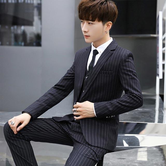 特価】2019新作 韓国ファッション 細身 ストライプ メンズスーツ