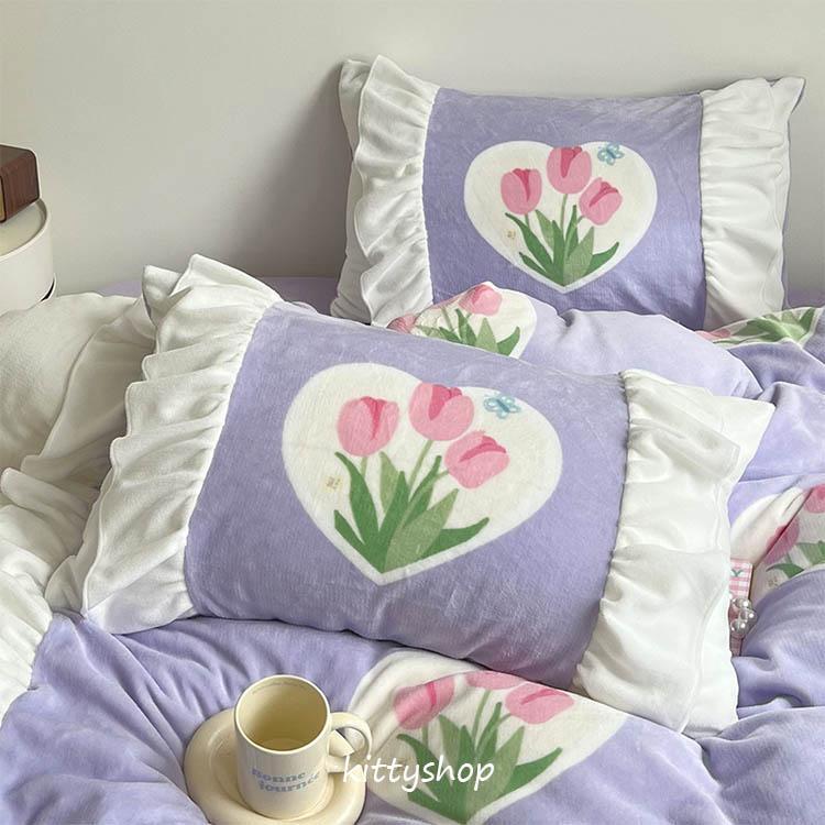 薄紫色 花柄 フリル付き セミダブルカバーセット 薄紫色 花柄 フリル付き セミダブルカバーセット