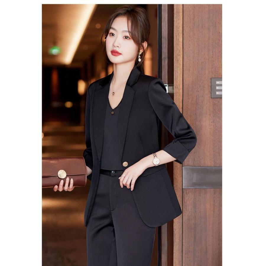 全3色 パンツスーツ レディースサテン スーツ 2点セット 夏 春秋