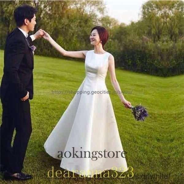二次会花嫁白ワンピースウエディングドレスマキシ丈結婚式ドレス