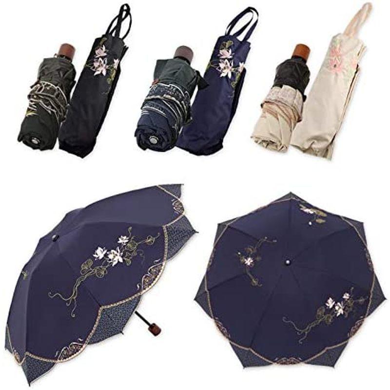 Takes-shop日傘 折りたたみ 遮光 刺繍 晴雨兼用傘 遮熱 (ベージュ) 2重