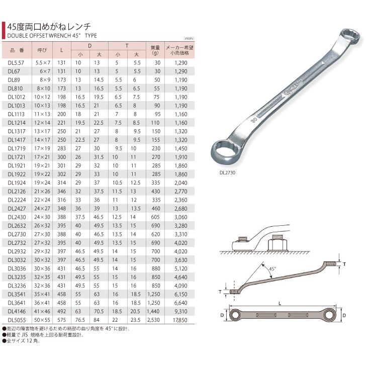 スーパーツール 45度両口めがねレンチ Dl5 57 サイズ 5 5x7 長さ 131 T03 Dl5 57 機械と工具のテイクトップ 通販 Yahoo ショッピング