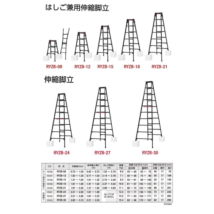 長谷川工業 (配送先法人限定) 専用伸縮脚立 RYZB-30 10尺 ブラック  脚部伸縮式(高さ調整最大31cm)天板高さ：2.82〜3.13m 黒 ハセガワ｜taketop｜05