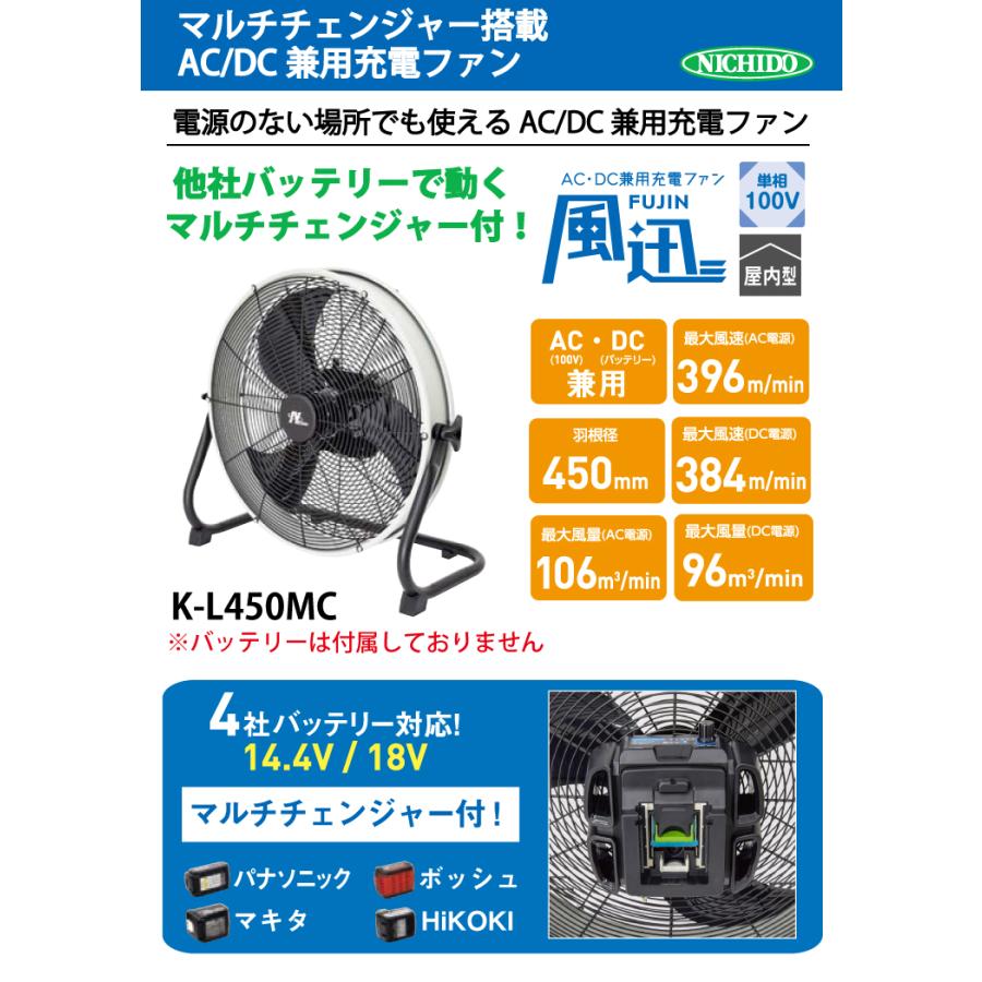 日動工業 マルチチェンジャー内蔵AC/DC兼用充電ファン K-L450MC 風量