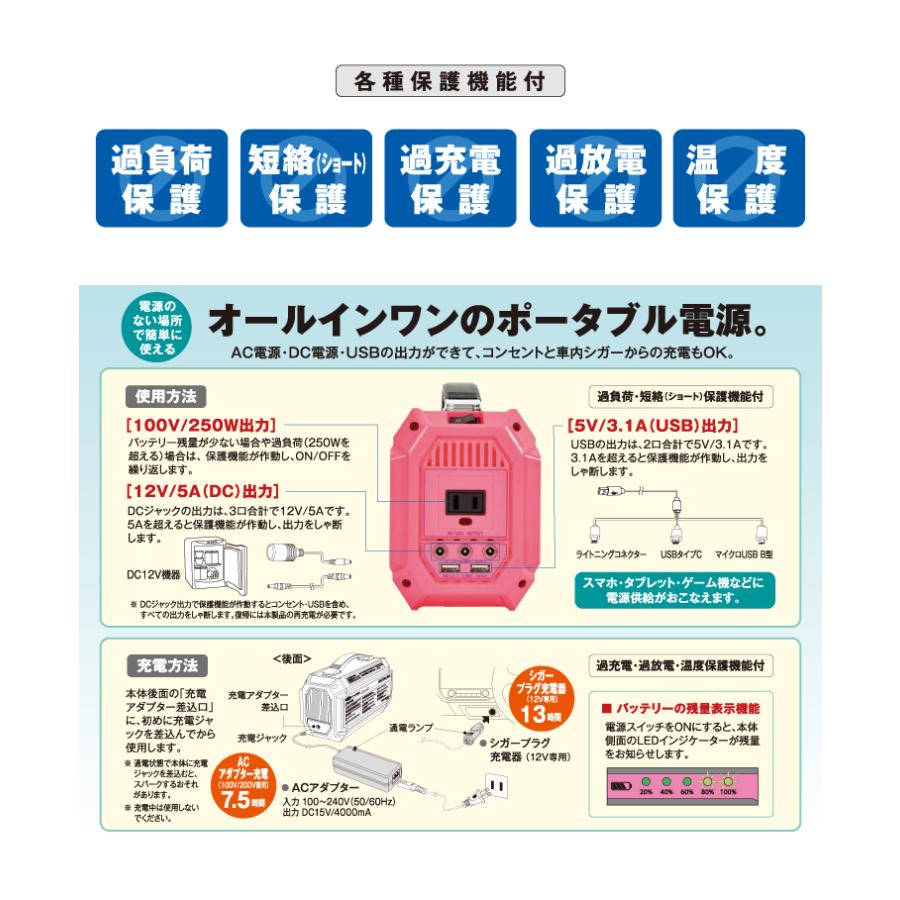 日動工業 ポータブル電源 (ピンバン) LPE-R250L スマホ充電約21