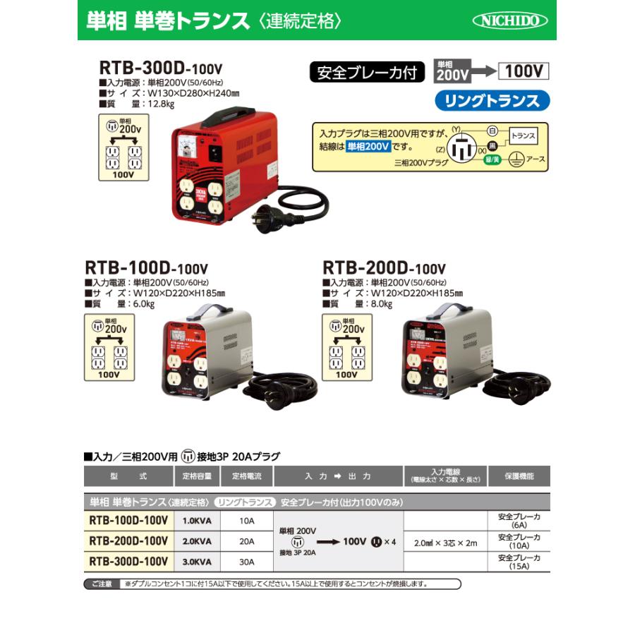 日動工業 降圧専用トランス RTB-200D-100V 単相 単巻トランス 屋内用