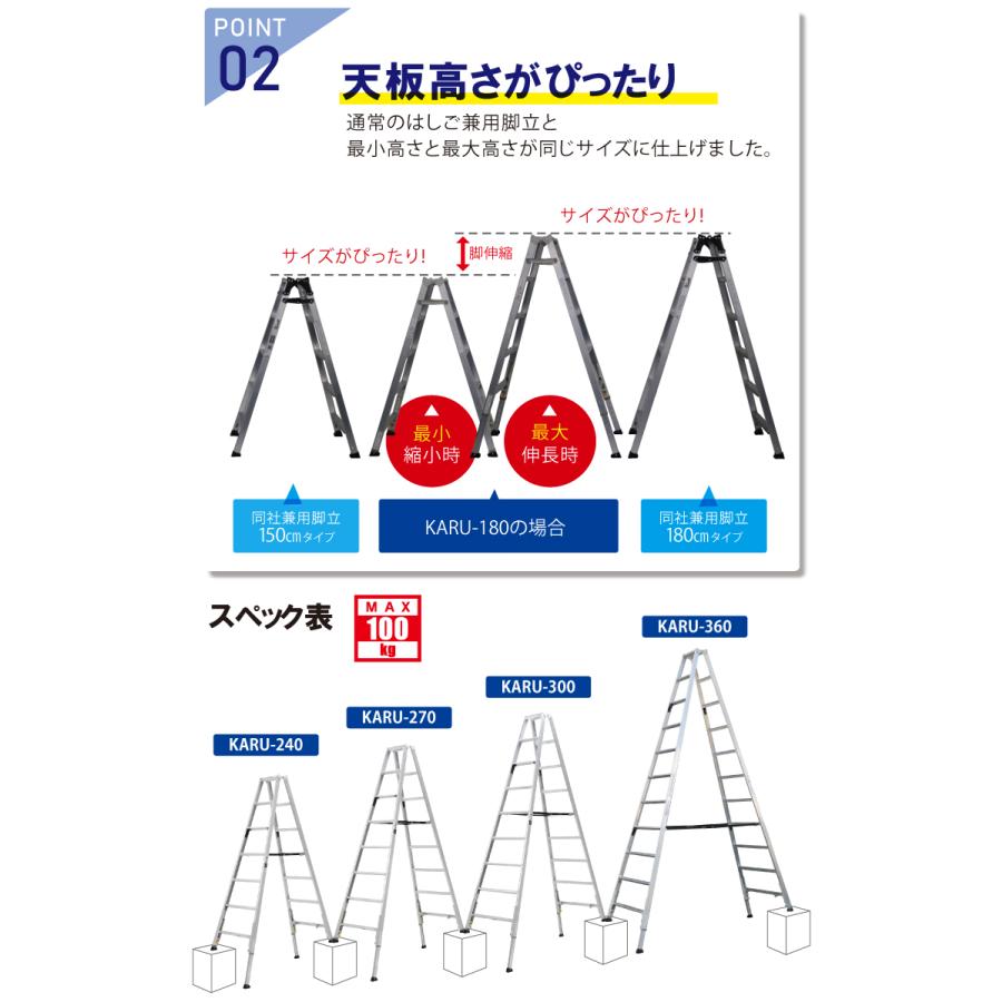 アルインコ (配送先法人限定) 軽量型 伸縮脚付専用脚立 KARU-360 11段 (11尺・12尺) 天板高さ：3.18〜3.47m 長尺｜taketop｜03