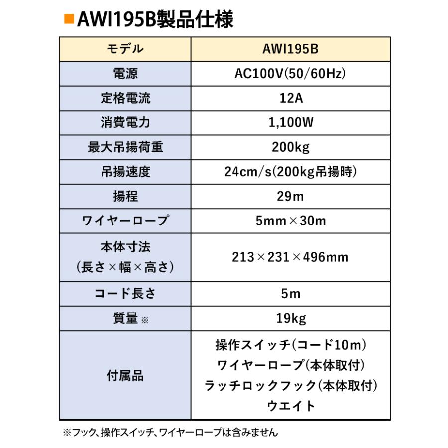 京セラインダストリアルツールズ 電動ウインチ AWI195B 30m仕様 685850A ラッチロックフック付属 最大吊揚荷重：200kg 揚程:29m 単相100Vの画像
