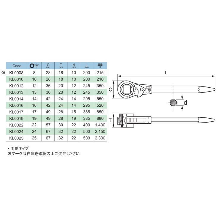 旭金属工業 強力形四角ラチェットスパナ(両爪) 14□ KL0014 旭金属工業 強力形四角ラチェットスパナ(両爪) 14□ KL0014