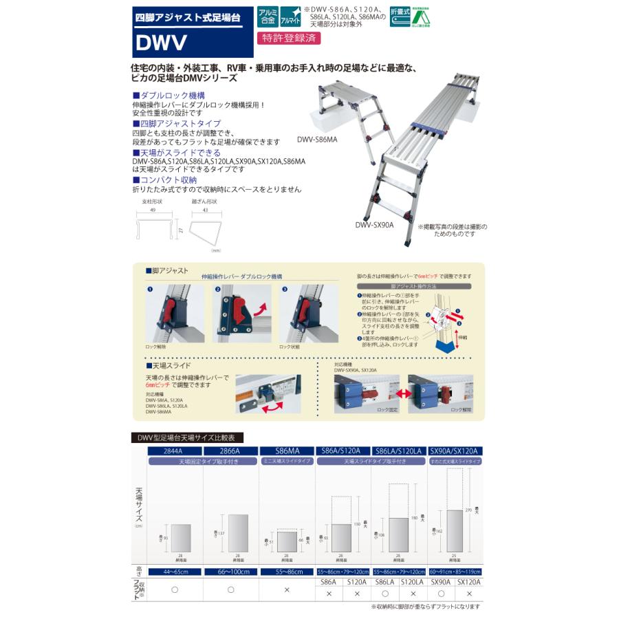 ピカ/Pica 四脚アジャスト式足場台 DWV-S120A 最大使用質量：100kg  天場高さ：1.2m｜taketop｜02