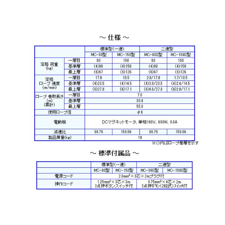 富士製作所 小型電動ウインチ まくべぇ 標準型(一速) 定格荷重 富士製作所 小型電動ウインチ まくべぇ 標準型(一速) 定格荷重