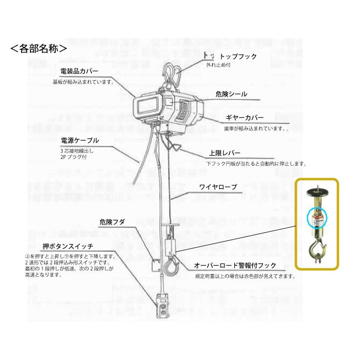 富士製作所 小型電動ホイスト シルバーホイスト ワイヤーロープ式 標準型(一速型) 定格荷重200kg VX-200｜taketop｜03