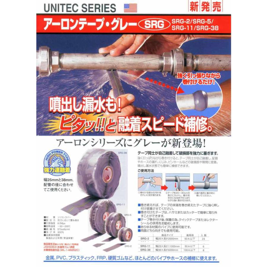 ① 【処分特価】ユニテックアーロンテープ SRG-382個セット新品 アーロンテープ グレー 速融着補修テープ SRG-2 幅25mm×長さ2m 配管