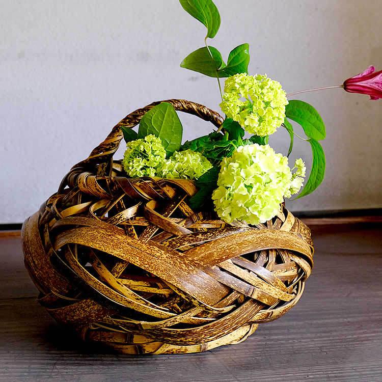 虎竹花籠 アジサイ 花瓶、花器-花瓶、花台