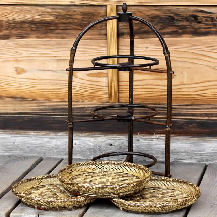 黒竹アフタヌーンティースタンド（三段）、虎竹平かご3枚セット : 虎