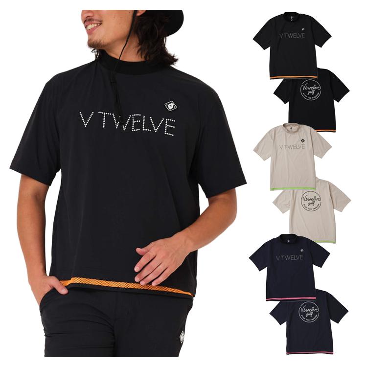 V12 半袖 モックネック シャツ　黒 V12 ゴルフ モックシャツ メンズ 半袖 シャツ ハイネック モック