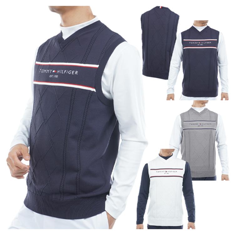 トミーヒルフィガー ゴルフ ベスト メンズ ニットベスト セーターベスト Vネック 軽量 ゴルフウェア ブランド ケーブル柄 ライン 春 秋 冬 THMA560 TOMMY HILFIGER GOLF（トミー ヒルフィガー ゴルフ） トミー