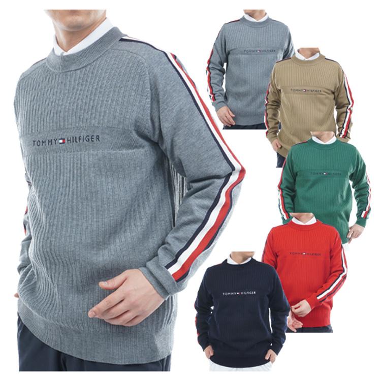 トミーヒルフィガー ゴルフ セーター メンズ 長袖 ニット クルーネック ストレッチ ゴルフウェア ブランド 総柄 ストライプ柄 ロゴ 秋 冬 THMA581 TOMMY HILFIGER GOLF（トミー ヒルフィガー ゴルフ） トミー