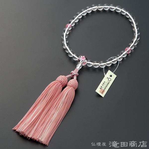 仏壇屋 滝田商店 数珠 女性用 本水晶 桜彫り 8mm玉 念珠袋付き 仏壇屋 滝田商店 数珠 女性用 本水晶 桜彫り 8mm玉 念珠袋付き