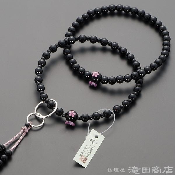 数珠 浄土宗 女性用 黒オニキス 桜彫り 六万浄土8寸 宗派別念珠 数珠袋付き