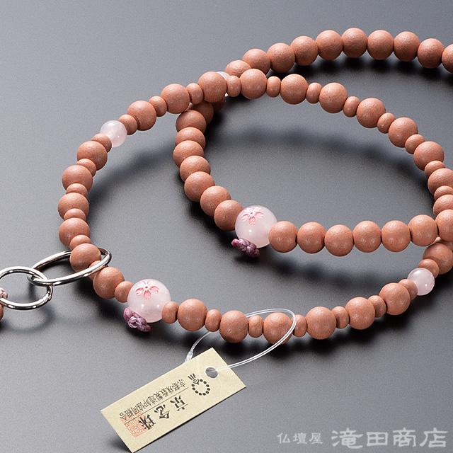 数珠 浄土宗 女性用 紅桜 ローズクォーツ桜彫り 六万浄土8寸 宗派別念珠 数珠袋付き_2