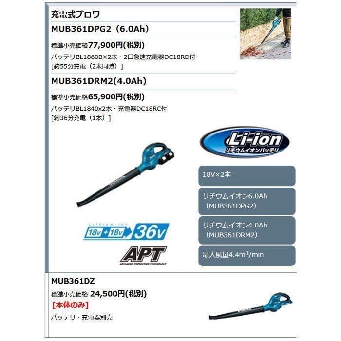 マキタ 36V 充電式ブロワ MUB361DPG2 6.0Ahバッテリ2個・充電器