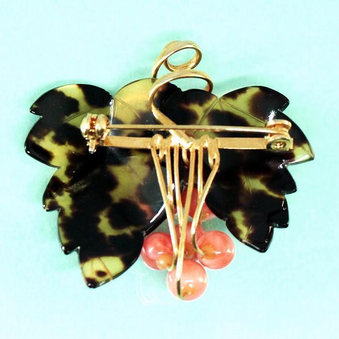 珊瑚玉付べっ甲ブローチ 送料無料 ぶどう型 葉 植物 アンティーク