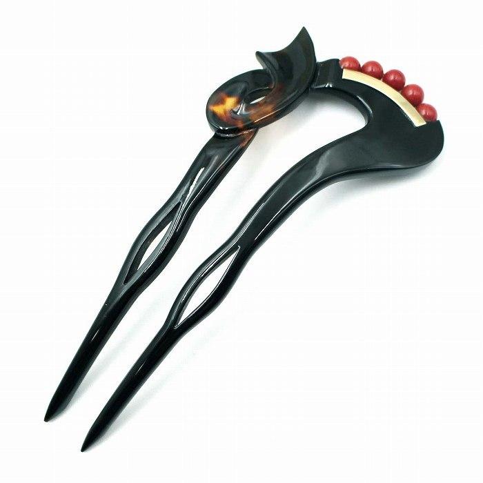 本べっ甲 かんざし 赤珊瑚 18金プレート付 おしゃれ丸型 ヘア