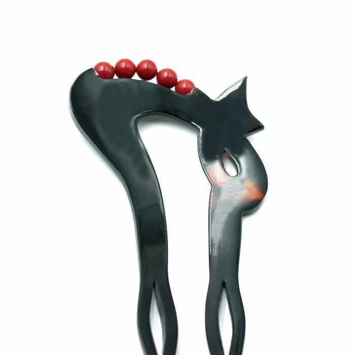 本べっ甲 かんざし 赤珊瑚 18金プレート付 おしゃれ丸型 ヘア 