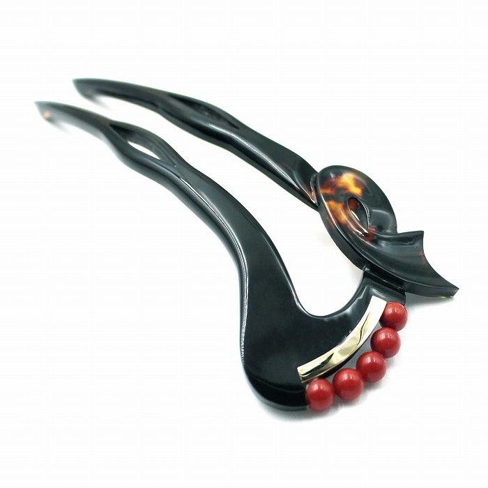 本べっ甲 かんざし 赤珊瑚 18金プレート付 おしゃれ丸型 ヘア