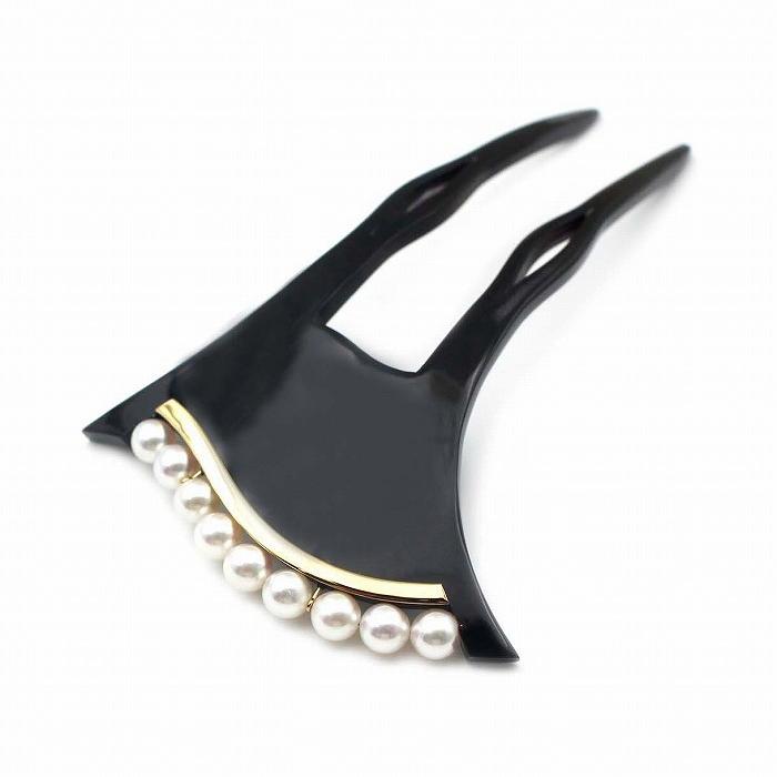 本べっ甲 かんざし バチ型 あこや 本真珠 18金プレート付 ヘア