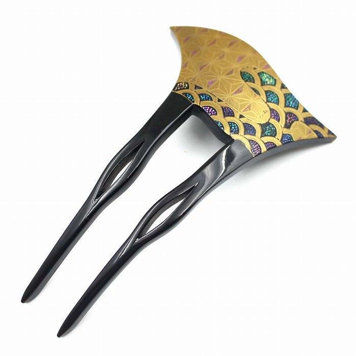 蒔絵 本べっ甲 かんざし バチ型 夜光貝で 角度により色が変化 蒔絵 本べっ甲 かんざし バチ型 夜光貝で 角度により色が変化
