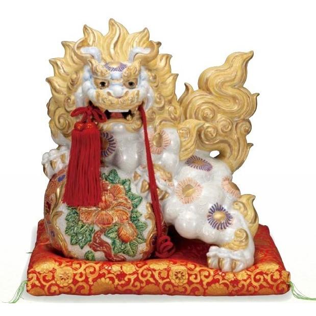 九谷焼　玉獅子 13号 牡丹獅子・ 白盛 縁起の置物 魔除け 金運 洗練されたこだわりの逸品・鮮やかな色