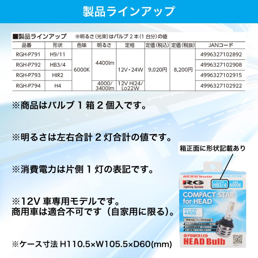 RG レーシングギア RGH-P794 LEDヘッドライトバルブ  H4 6000K 4000/3400LM 白光 コンパクトスター コンフォート 12V車用｜takumimotoroil｜05