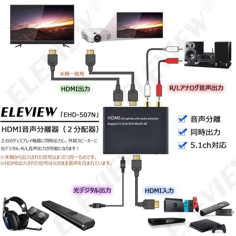 ELEVIEW HDMI 分配器 スプリッター 4K HDCP1.4 音声分離器 1入力2出力 (音声出力：光デジタル R/L白赤アナログ)｜tam-store｜04