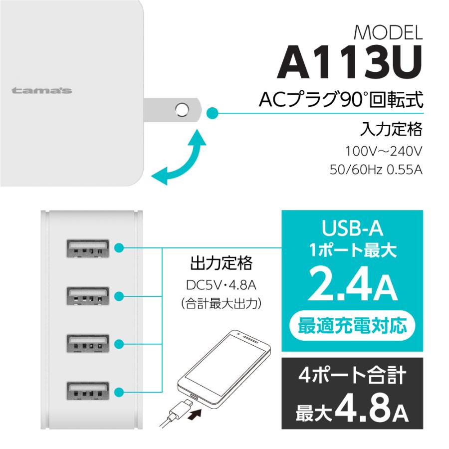 コンセントチャージャー　４．８Ａ　ACアダプター　ＵＳＢ−Ａ×４ポート　スマートパワーセレクト　Ａ１１３Ｕモデル｜tamadenco｜03