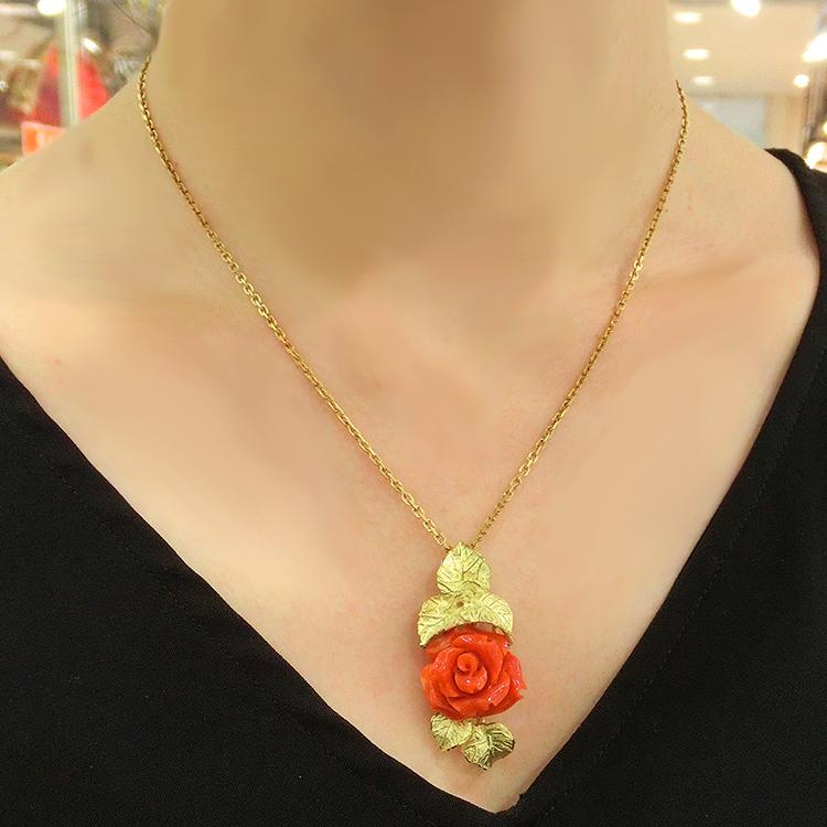 バラ 珊瑚 ネックレス サンゴ(3月誕生石) 薔薇 18金 イエロー バラ 珊瑚 ネックレス サンゴ(3月誕生石) 薔薇 18金 イエロー