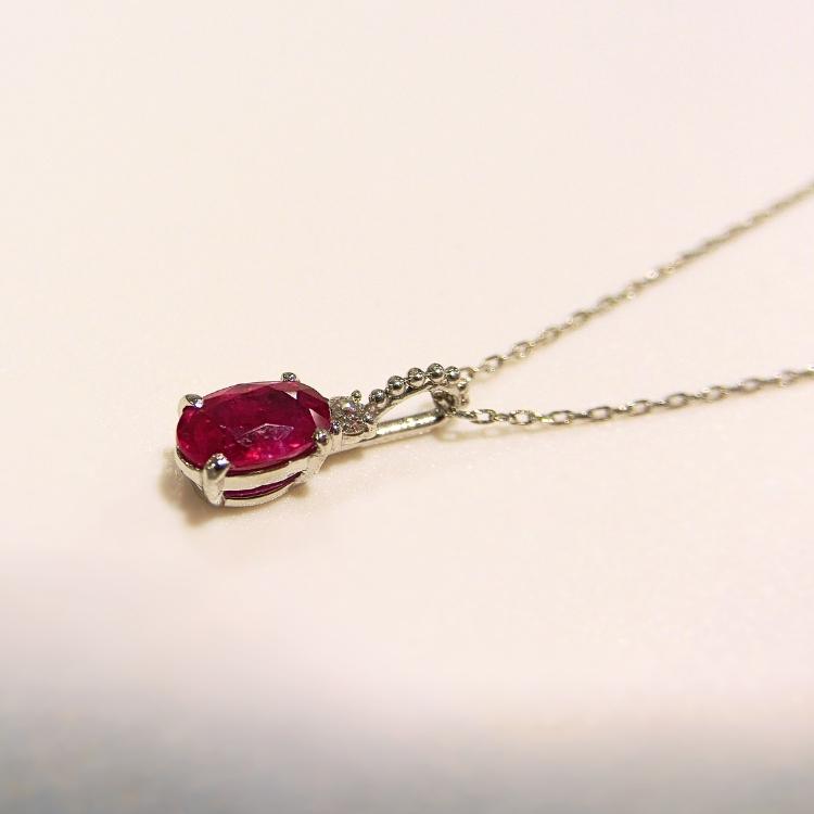 ルビー ネックレス 7月誕生石 ダイヤモンド プラチナ PT900 PT850 ペンダント R-0.37ct D-0.02ct 一粒 楕円 オーバル 赤石 (t710)の画像