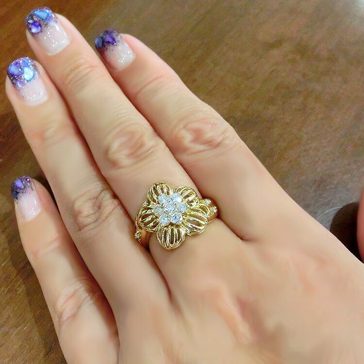 指輪 ダイヤモンド リング 18金 イエローゴールド 天然石 ダイヤモンド 4月誕生石 K18YG 豪華 花 フラワーの画像