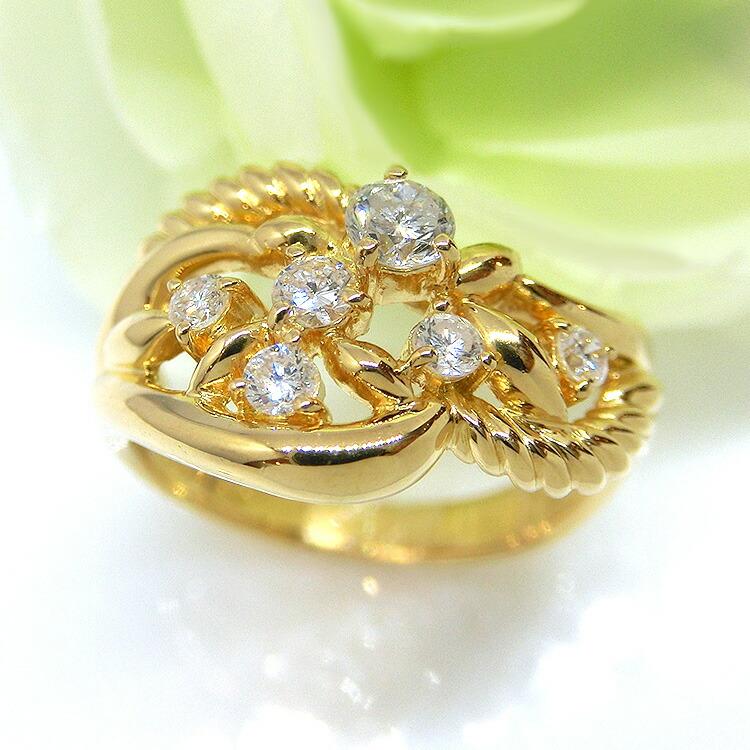 18金 指輪 ダイヤモンド デザインリング イエローゴールド 天然 ダイヤ 4月誕生石 0.37ct K18YG 豪華の画像