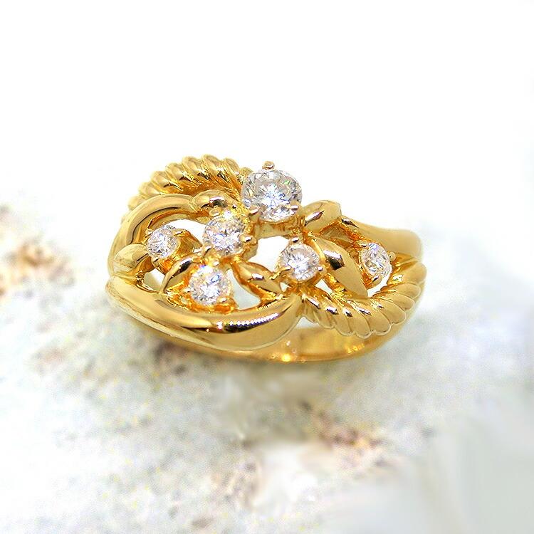 18金 指輪 ダイヤモンド デザインリング イエローゴールド 天然 ダイヤ 4月誕生石 0.37ct K18YG 豪華の画像