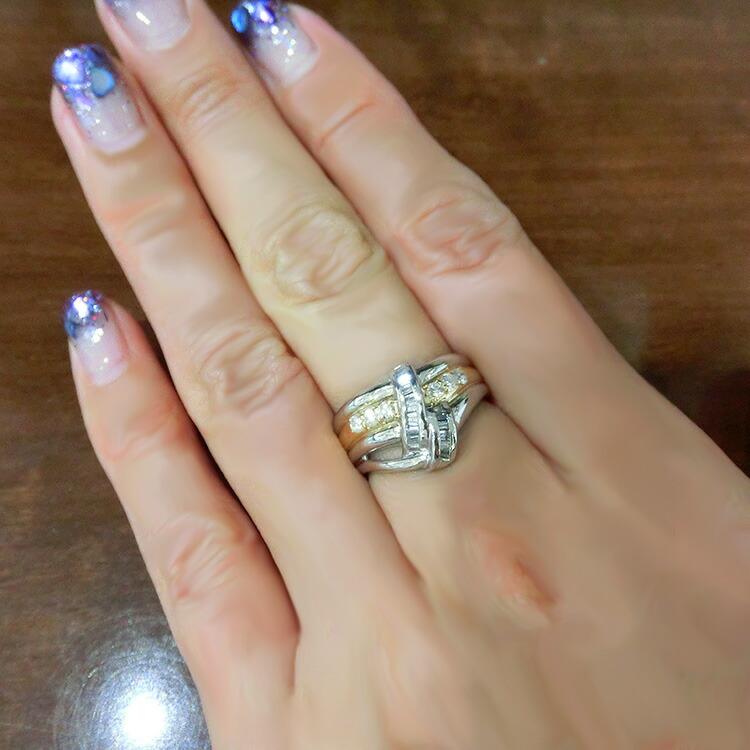 18金 プラチナ 指輪 ダイヤモンド リング コンビ イエローゴールド K18YG ダイヤ 4月誕生石 豪華 デザイン 幅広 2色 PTの画像