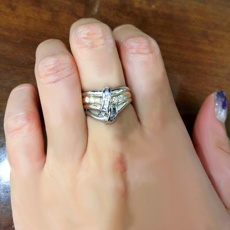 18金 プラチナ 指輪 ダイヤモンド リング コンビ イエローゴールド K18YG ダイヤ 4月誕生石 豪華 デザイン 幅広 2色 PTの画像