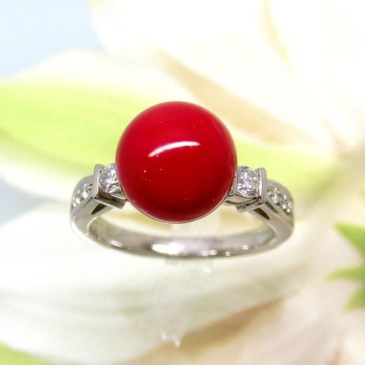 珊瑚 指輪 コーラル リング サンゴ プラチナ PT さんご 8.9mm ダイヤモンド D-0.15 34585