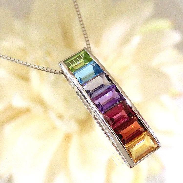 ネックレス 18金 アミュレット 7石 ホワイトゴールド K18WG 7色 7石