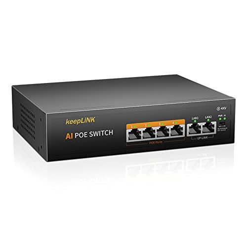 keepLiNK 6ポート PoE スイッチングハブ 10/100Mbps (4ポートPoE+ 65W