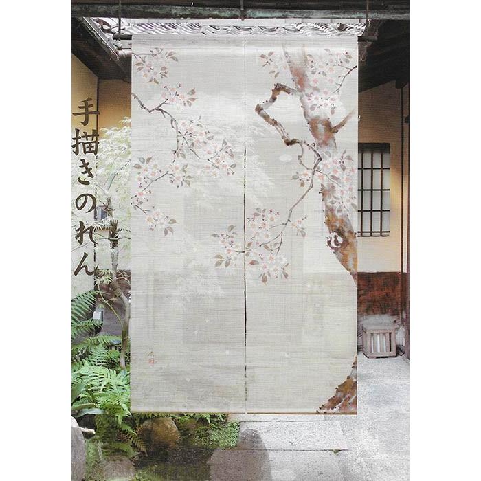 新品手描き本麻のれん月と桜