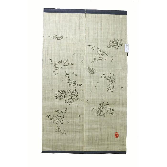 麻のれん 鳥獣戯画 宴 暖簾 のれん 麻100％ 88cm×150cm 日本製 万葉舎